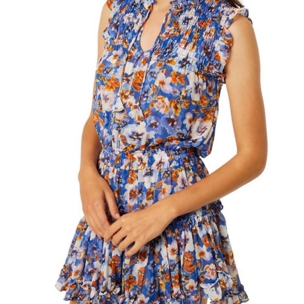 Misa Los Angeles Blue Floral Mini Dress with Orange Accents